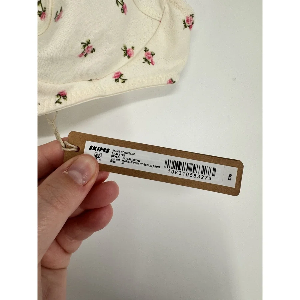 SKIMS Pointelle Bralette Bra Medium Marble Pink Rosebud Print AOP G Floral Rose
